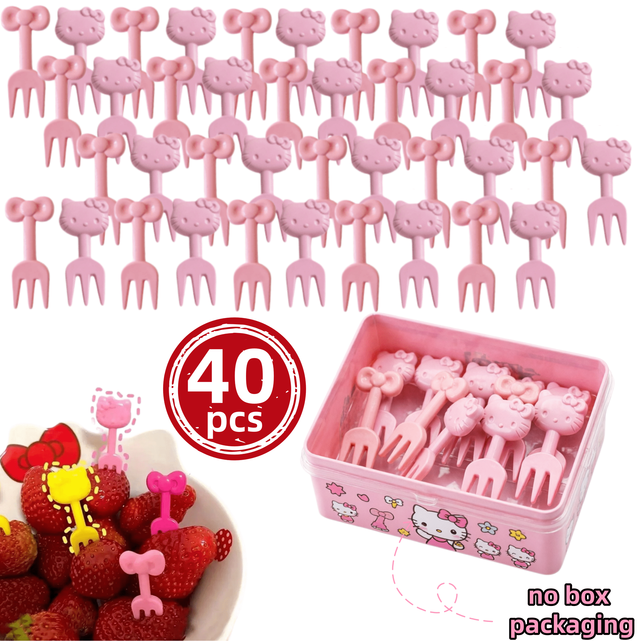40pcs/set, Home Kitchen Hello Kitty Fruit Fork, Hello Kitty Fruit Picks, Cartoon Kitten Fruit Fork, Pink Kitten Baking Decoration Tool, Eating Fruit With Very Cute! Plastic