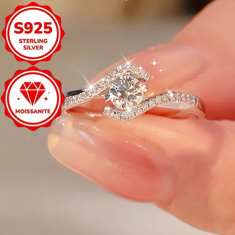 TEMU Bague en argent 925 et avec une moissanite de coupe ronde, parfaite pour un usage et comme cadeau, idéale pour la Saint-Valentin, avec un design
