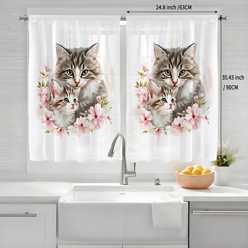 TEMU Lot de 2 rideaux transparents de petite taille avec des chatons et de grands chats, que des floraux, des décorations artistiques uniques,