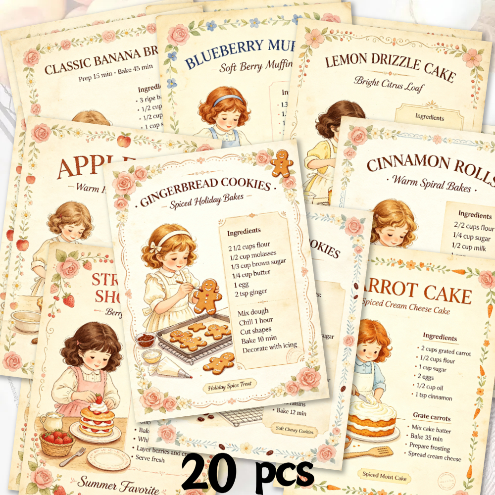 TEMU 20pcs Retro Dessert Baking Recipe Cards, Vintage Pastry Formula Flashcards, Kitchen Wall Decor, Suitable For Scrapbooking, Journaling, And