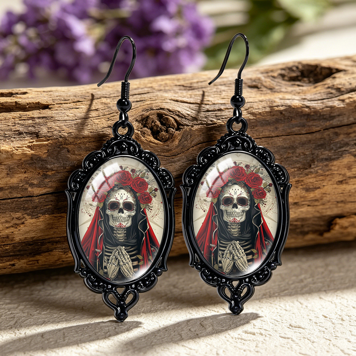 TEMU 1 Pair Gothic Sugar Skull With Red Roses Oval Glass Black Lace Earrings Fashionable Men's Accessories Gift