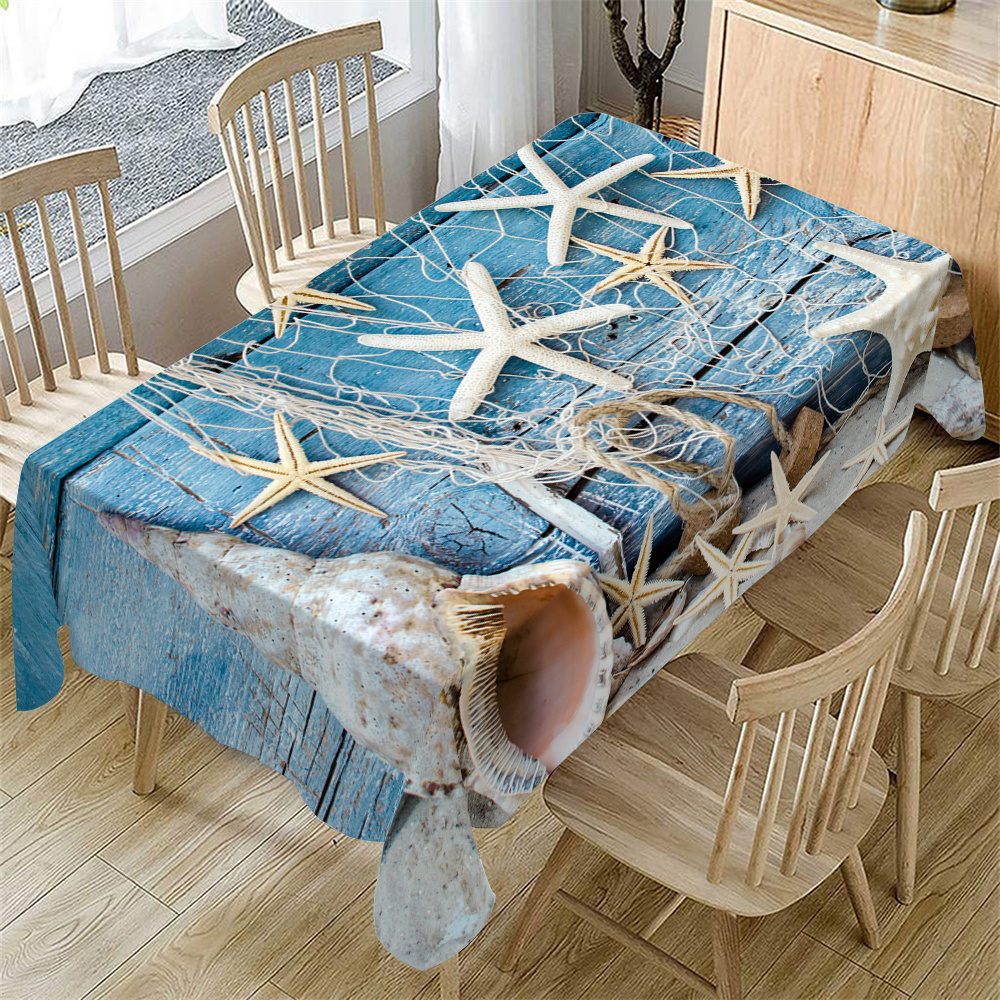 

Beach Vacation Nautical Tablecloth With Rustic Wood Grain, Shell, And Fishing Net Design - Polyester Rectangular Home Decor, Tea Tablecloth, Souvenir