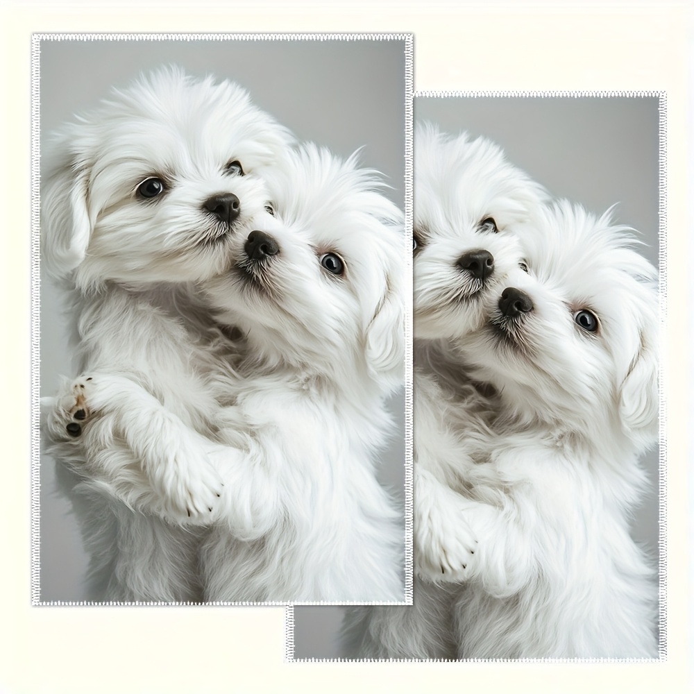 TEMU Of 2 Flat Printed Kitchen Towels, Single-sided Design, Measuring 40.64x60.96cm, Featuring 2 Adorable Maltese Dogs, Suitable For Kitchen