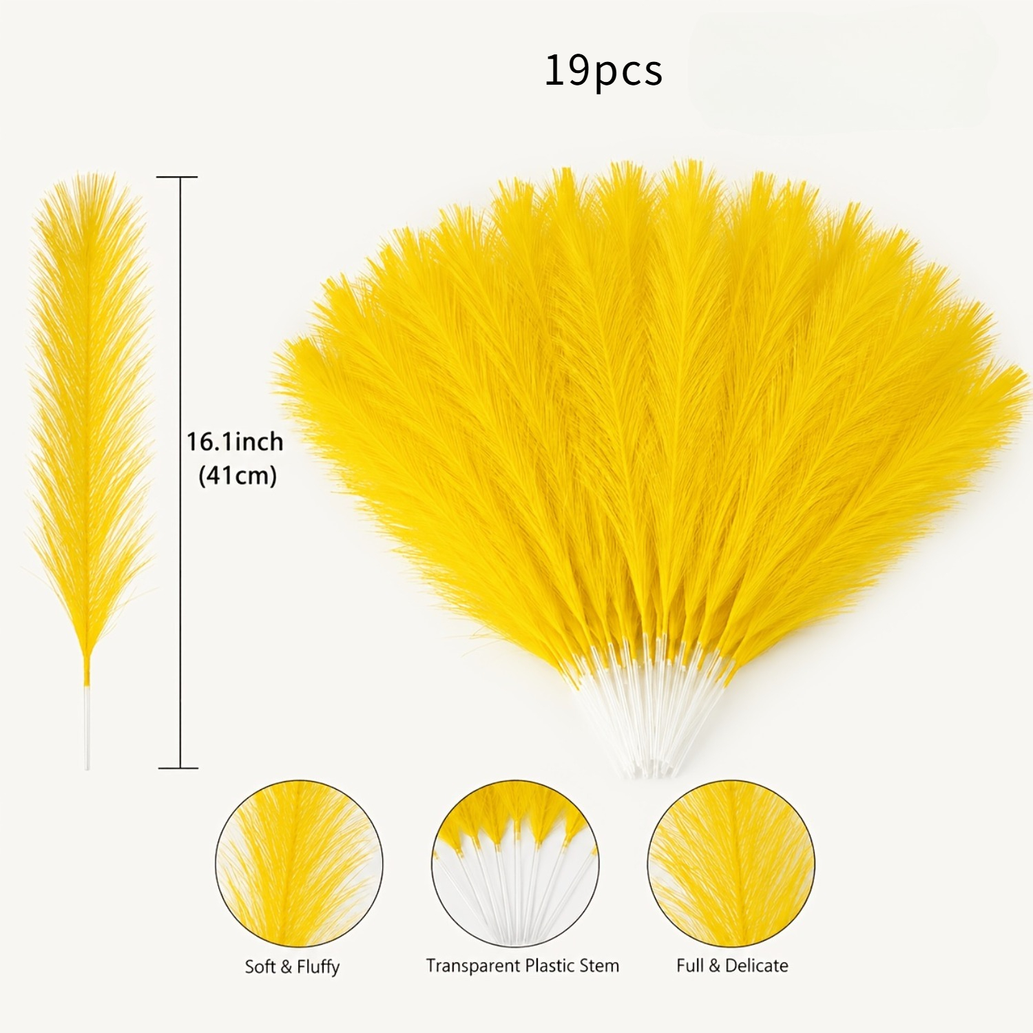 TEMU 19pcs Yellow Artificial Feather Reed Bouquet, Nordic-style Soft Pampas Grass Decoration, Artificial Flower Stems With Transparent Plastic Stems,