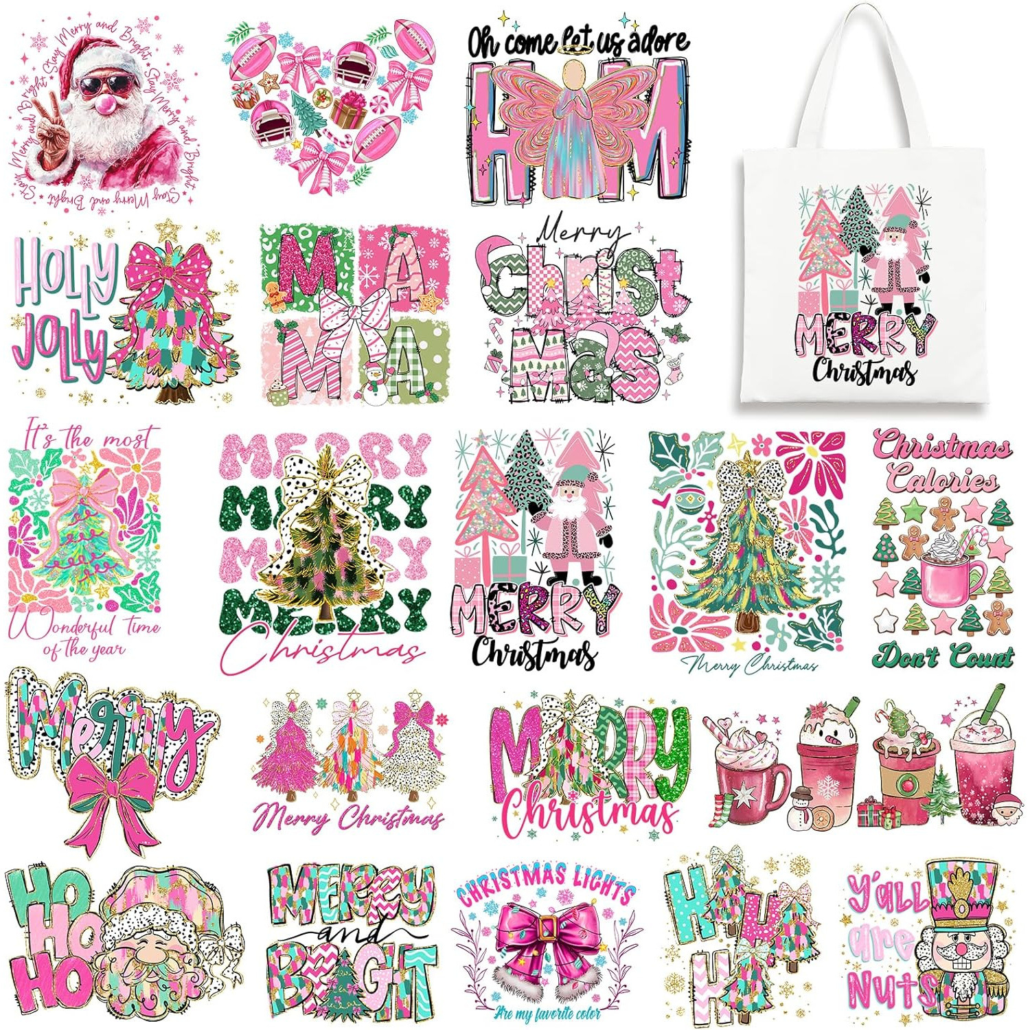TEMU 20 Sheets Christmas Dtf Transfers Ready To Press Pink Letters Iron On Transfers Colorful Iron On Decals For T-shirts Patches Decals
