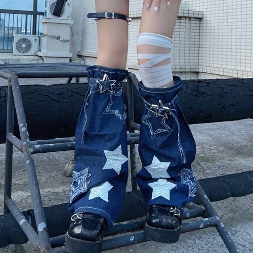 retro y2k leg warmers retro y2k style womens star embroidered blue denim leg warmers acrylic 100 fabric stylish mesh long socks hand washable flared design solid color single pair for st patricks day easter mothers day