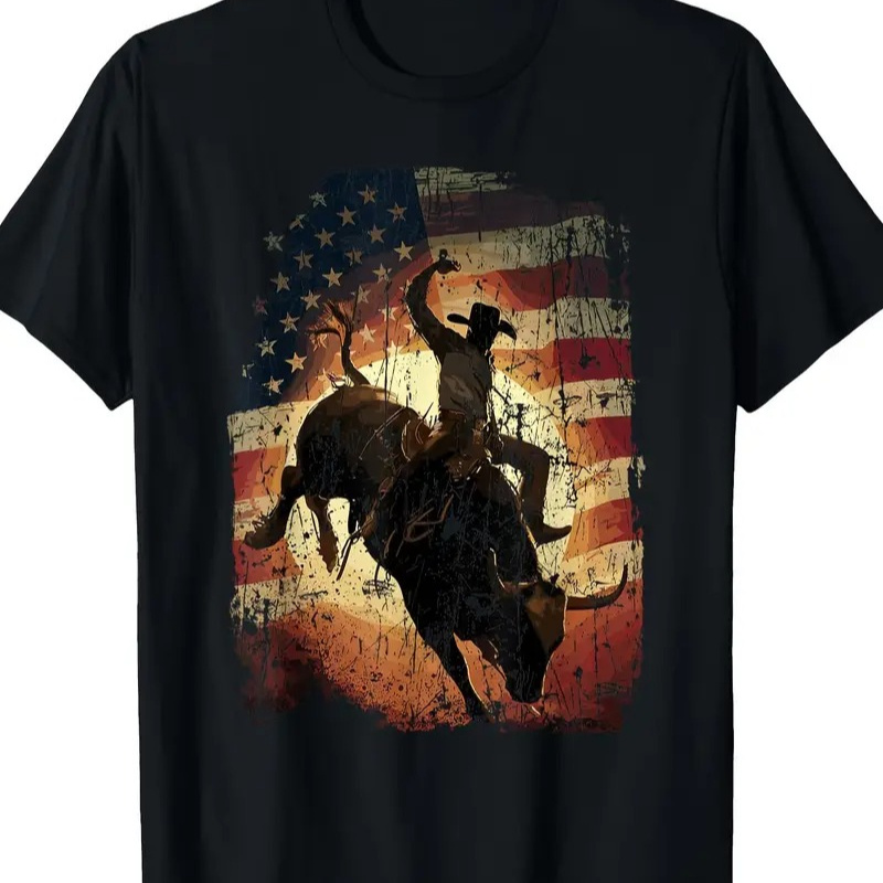 

Rodeo Patriotic Cowboy Men's Cotton Short Sleeve Casual Round Neck Top Comfortable Stylish With Humorous Graphic