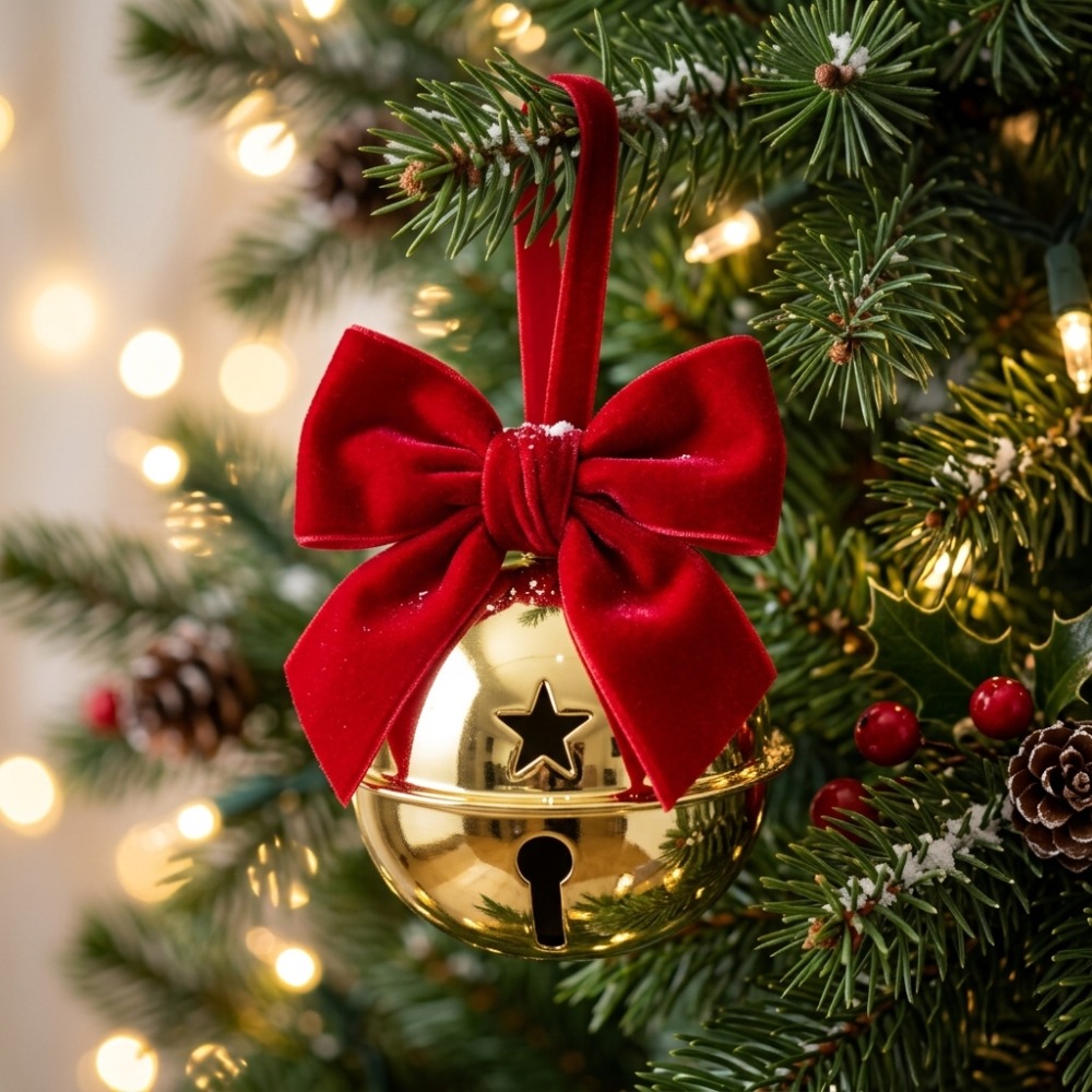 TEMU Christmas -pointed Star Cutout Bell Pendant, Red Velvet Bow Decorative Hanging Ornament, Christmas Tree Decorative Ball