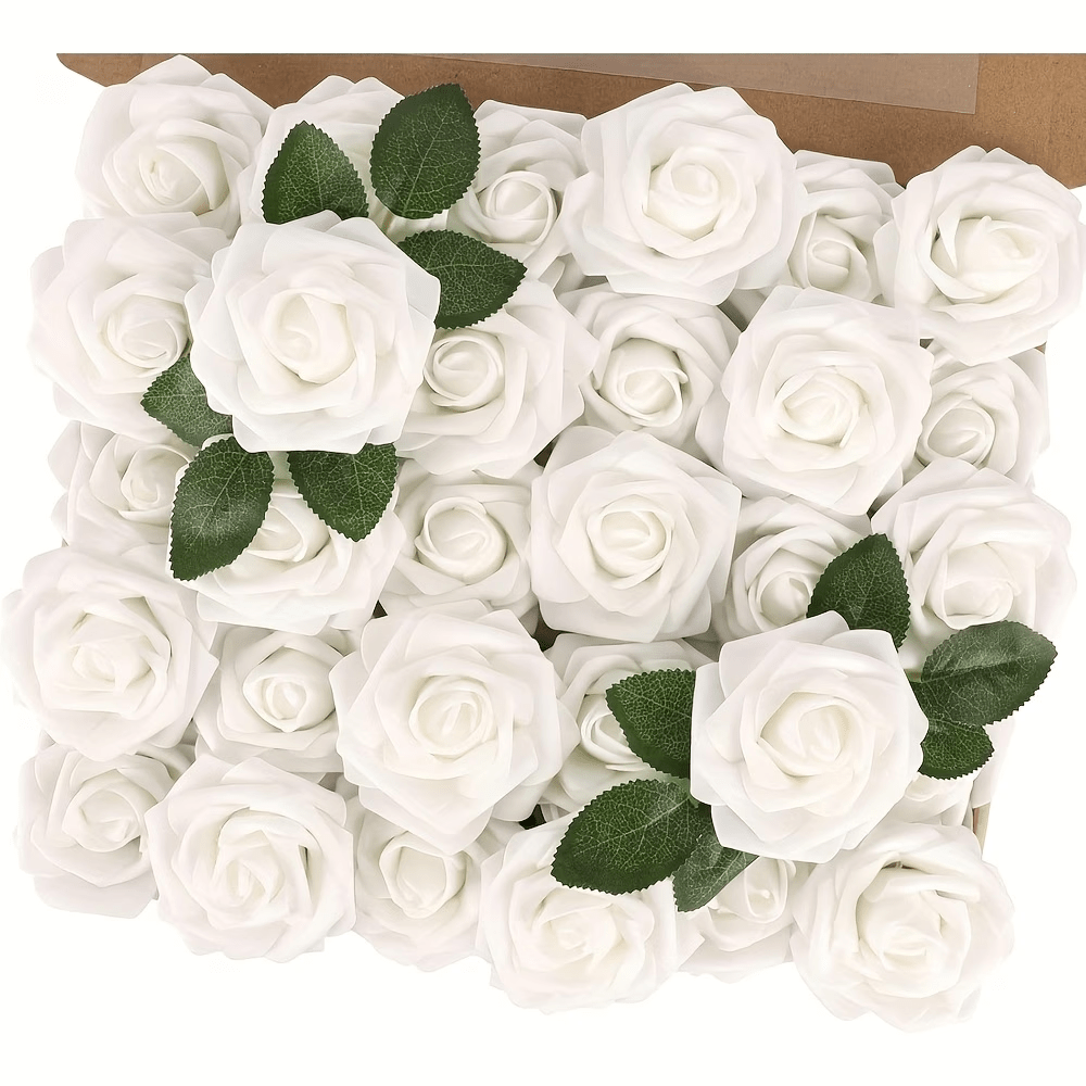 TEMU 30pcs - Includes 28 Foam Artificial Roses With Stems + 2 Leaves, Real Touch Foam Flowers For Diy Wedding Bouquets, Bridal Gifts, Party Table