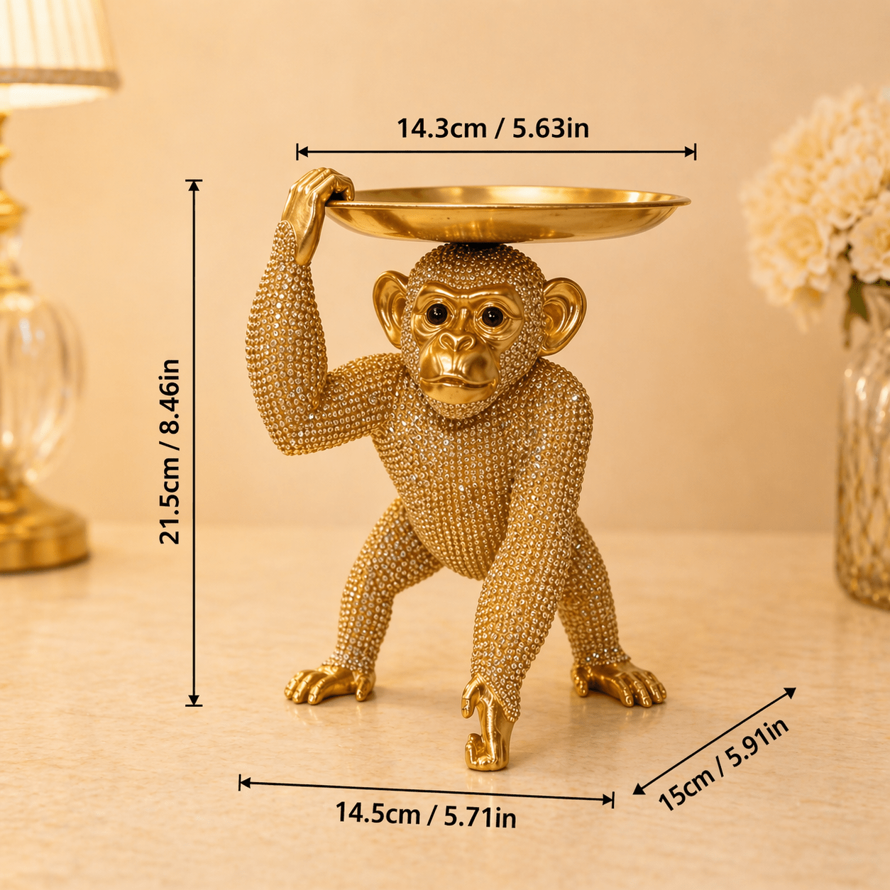 Image of 1pc Luxury Monkey Tray Resin Figurine, Golden/silver Beaded Animal Sculpture, Creative Key Jewelry Storage Tray, Tabletop Decor For Entryway, Living Room, Bedroom, Gift
