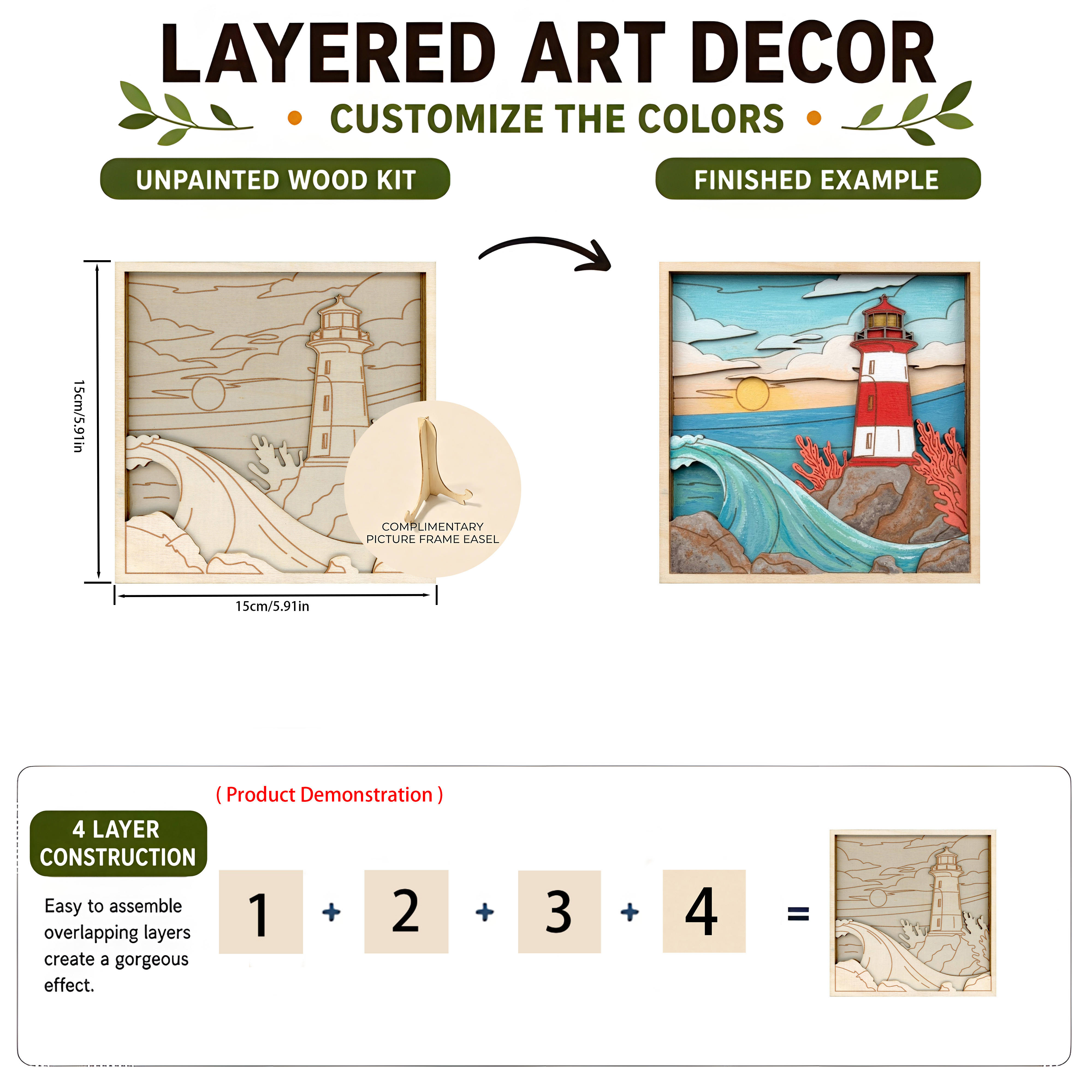 TEMU 1pc Phare Sculpture Empilée Multicouche Peintable 2D Plat à 4 Couches, Peinture en Bois, Art de Planche en Bois Peintable, Décoration d'Ornement