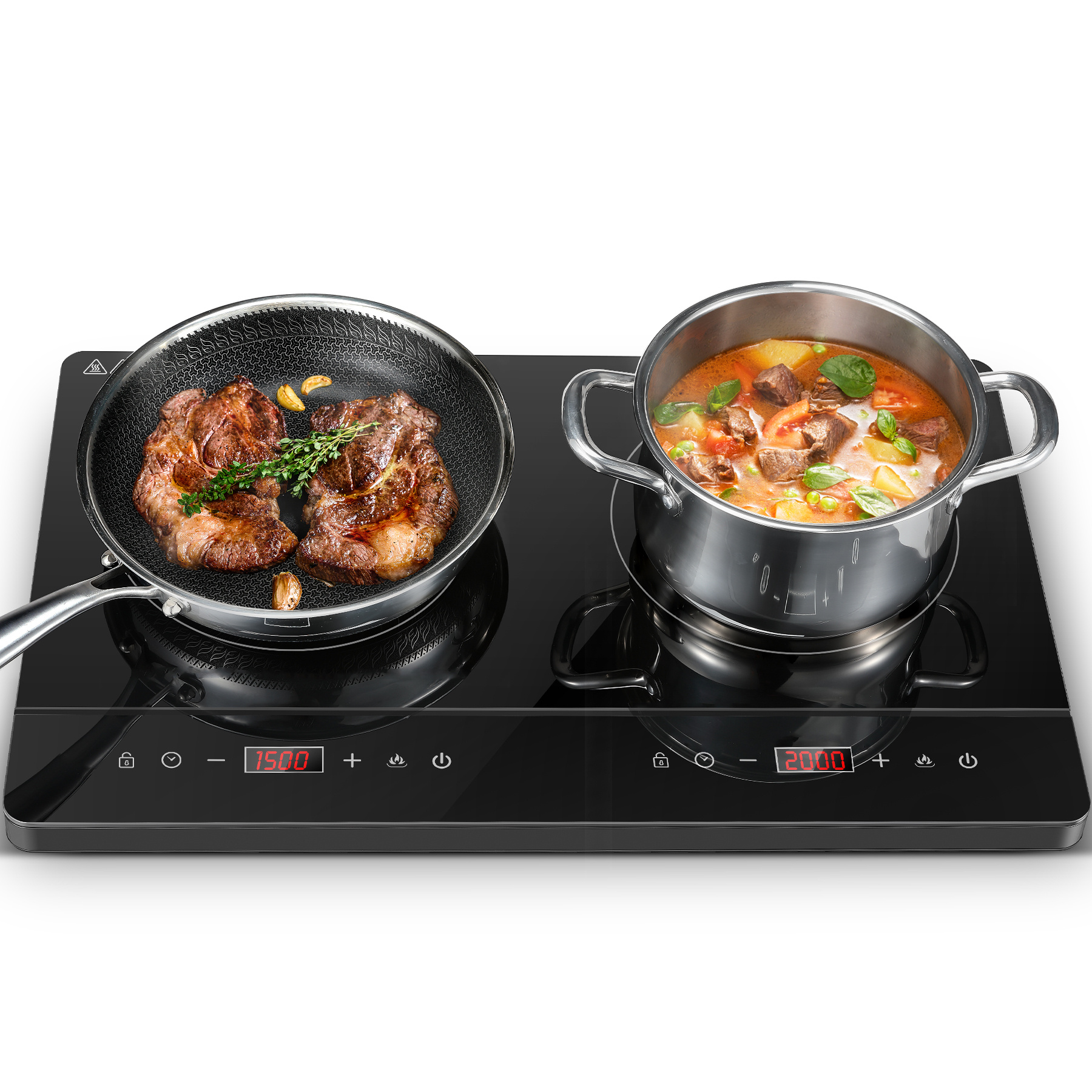 Image of Double Induction Hob, Induction Hob 2 Plates, Independent Control, 10 Temperature Levels & Power Levels, 3500 W, Touch Control, 180 Minute Timer, Induction Hob Camping