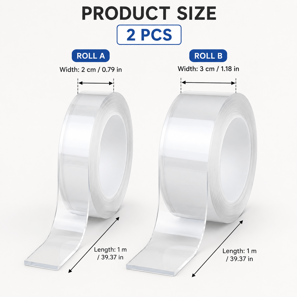 TEMU 2pcs Clear Tape, Removable Double-sided Adhesive Tape Roll, 2cm And 3cm Width Multi-use Mounting Tape For Kitchen, Bathroom, Office, Wall Hooks,