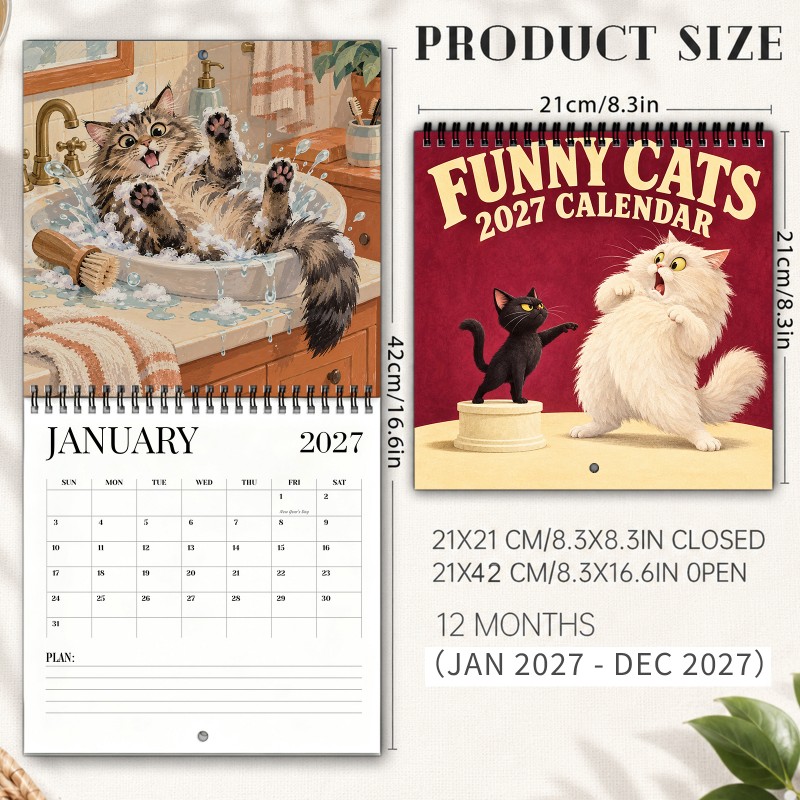TEMU Funny Cats 2027 Wall Calendar Pet Illustrations 12-month Spiral-bound Monthly Planner With Thick Paper Spacious Writing Blocks & Marked Holidays