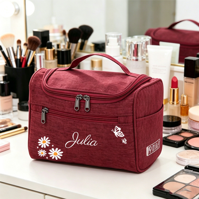 TEMU Daisy And Print Customized Toiletry Bag With Personalized Name Engraving, Large Capacity Portable Storage Pouch, Travel Organizer For Skincare