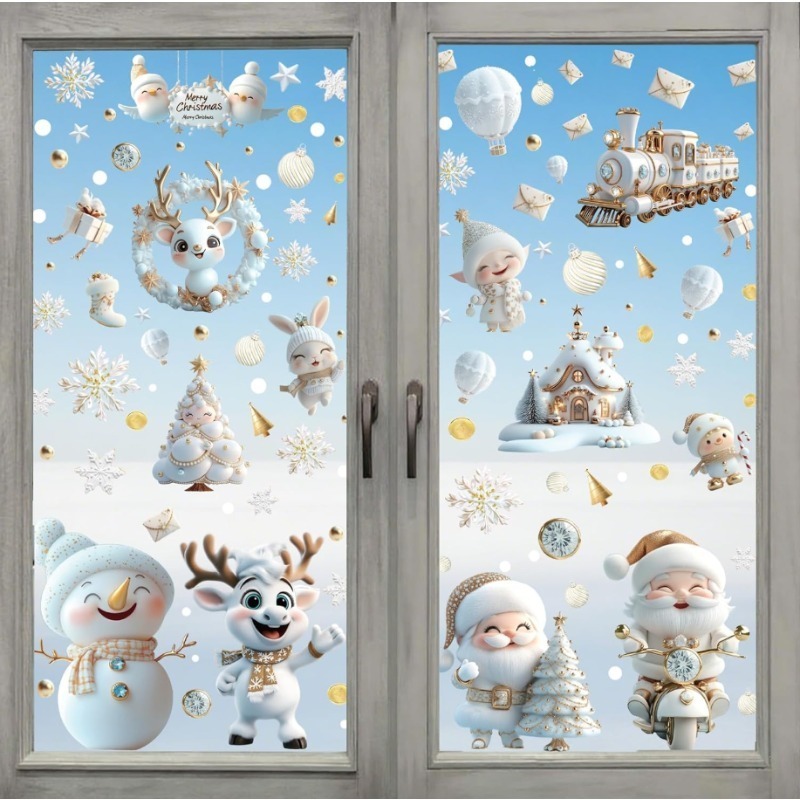 9 Vellen Herbruikbare Statische Raamstickers - PVC Kerstdecoraties met Witte & Gouden Sneeuwvlokken, Kerstman, Rendieren, Peperkoek, Bellen, Kransen, Pepernoten, Glittervrije Semi-Glans Afwerking voor Glazen Deuren, Spiegels, Thuis
