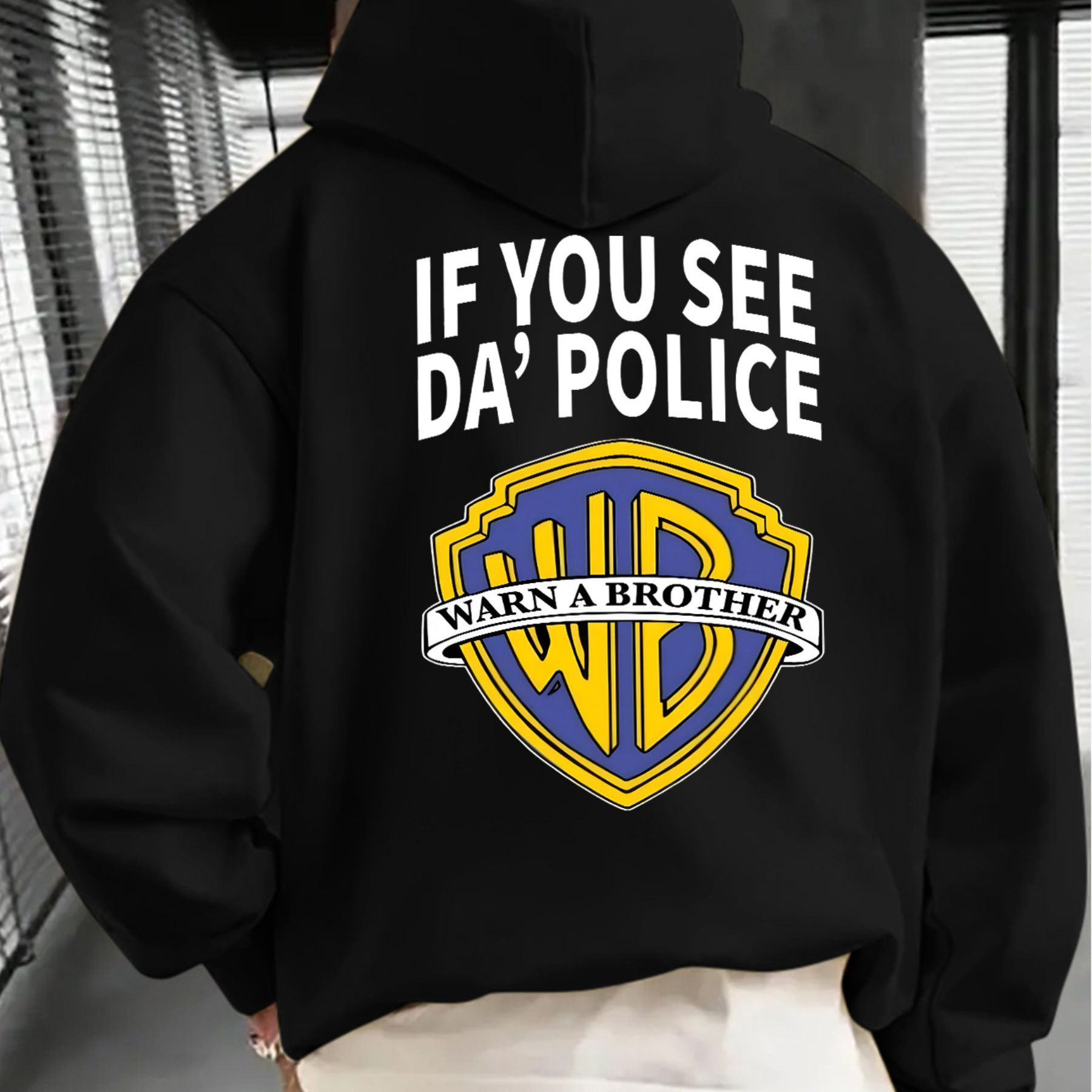 

1pc Men's Cotton Hooded Sweatshirt With " See Da' Police A Brother" Print - , Loose Fit, Slight Stretch, Knit Fabric, Pullover Hoodie