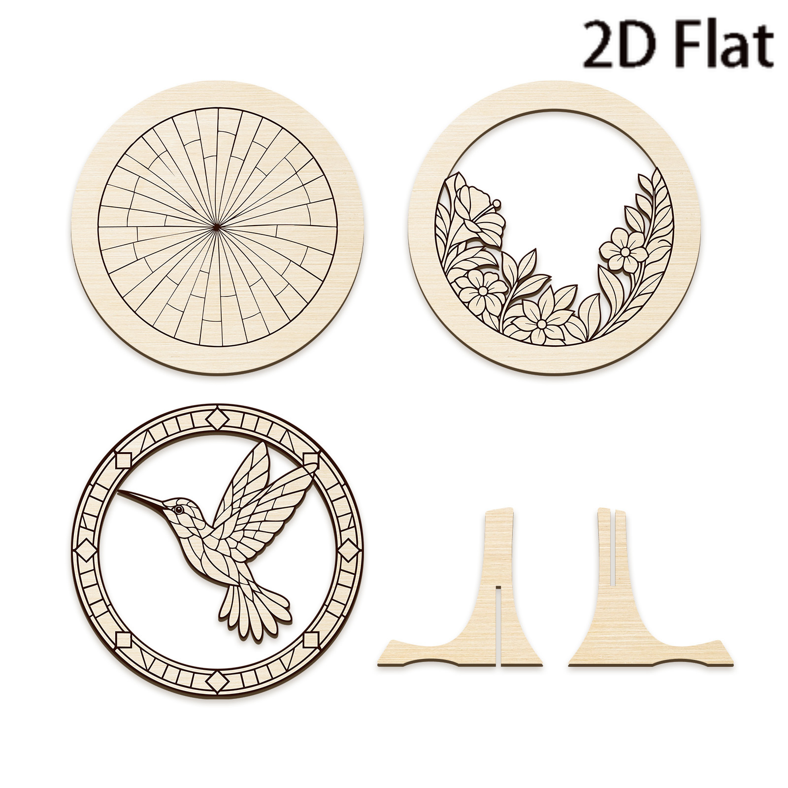 TEMU 2d Flat, A Set Of Wooden Art, 3-layer 2d Flat Circular Wooden Decoration With Hummingbird And , Unpainted And Paintable Craft Kit For Ornaments