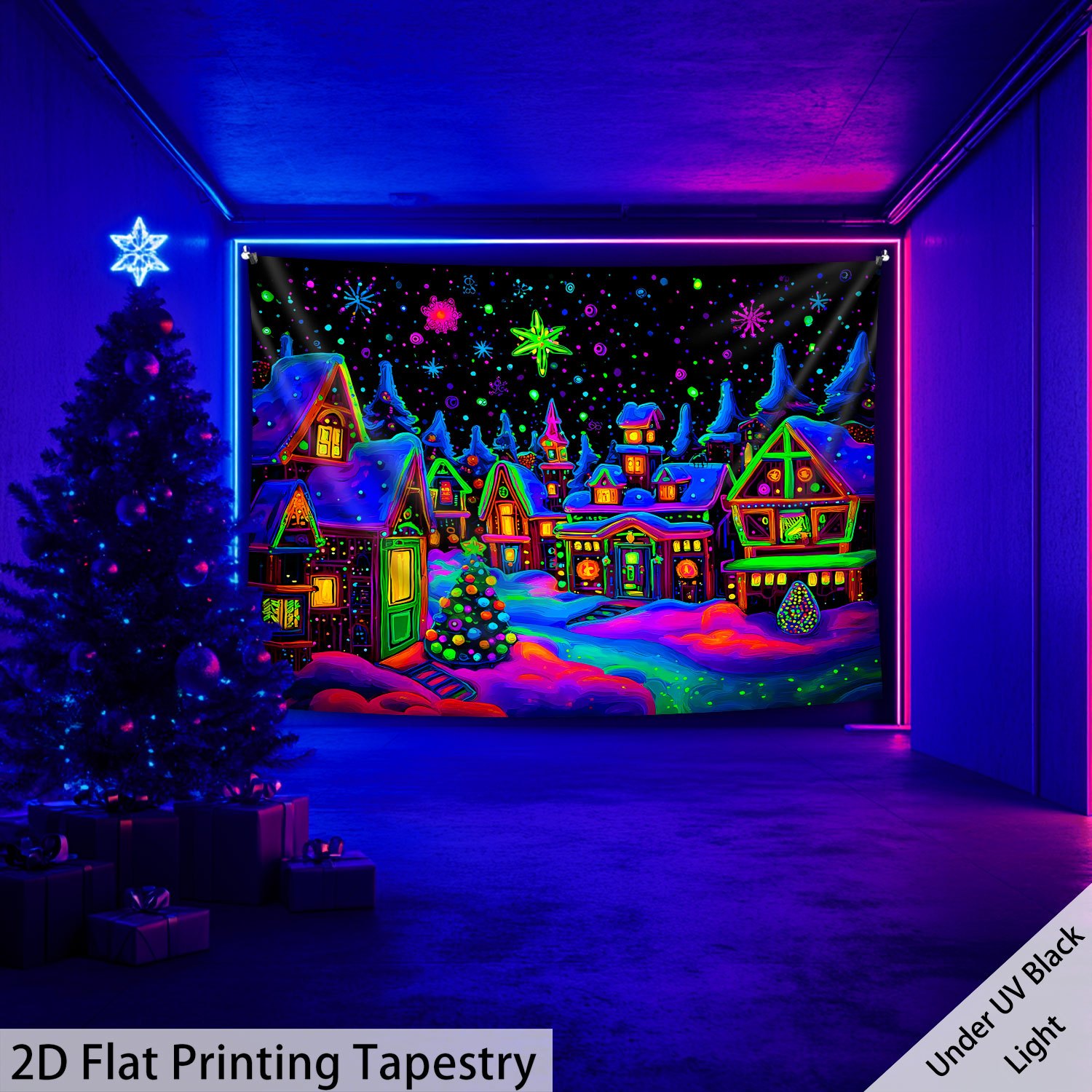 TEMU 2D - 2D - 1 pieza de tela 2D - Colorido de Navidad, nocturno con de nieve - Tamaño extra grande de 126 pulgadas por 94.5 pulgadas - UV - Larga