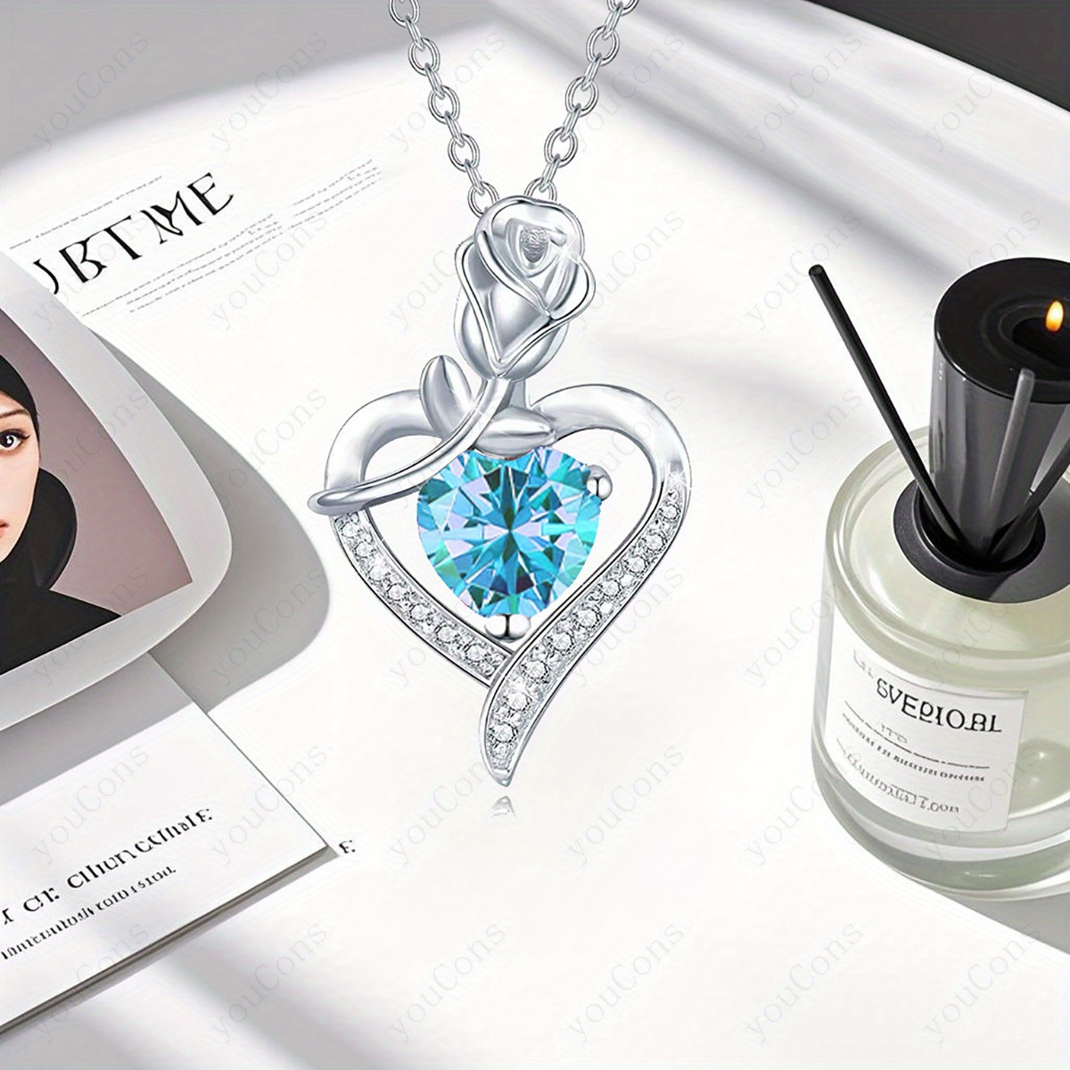 Women's Light Blue Lucky Stone Heart Pendant Necklace Gift Set