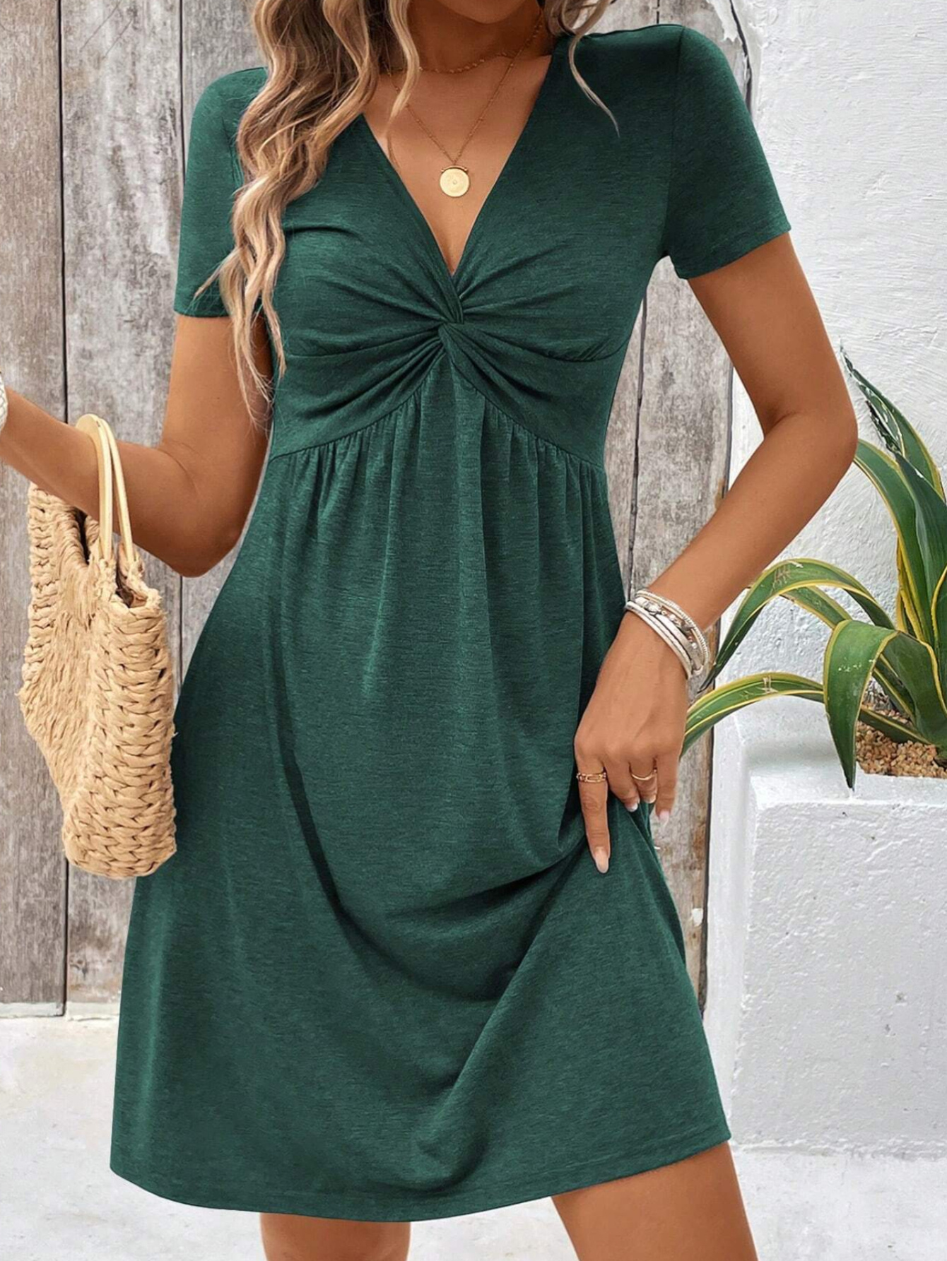 elegant short sleeved a line dress sexy v neck twisted dress for spring and summer womens wear army green 0