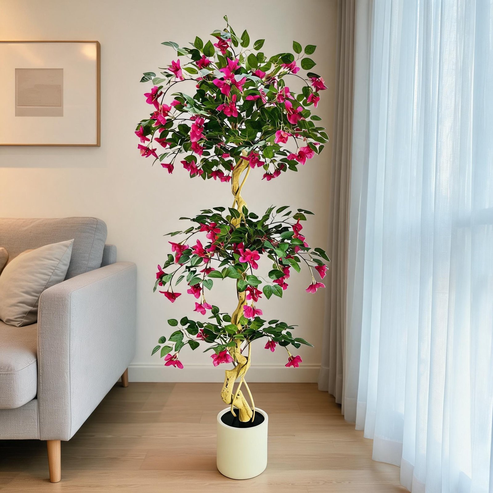 Image of 6ft Realistic Pink Bougainvillea Artificial Tree With & Foliage - Suitable For Indoor/outdoor Decor, Wedding, Patio, Home - Low-maintenance Faux Flowering Plant, Plastic