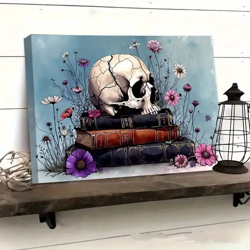 1pc wrapped canvas wall art skull with flowers on minimalist modern art vibrant colors detailed illustration indoor home decor for living room bedroom gift for him dorm room accent decor floral skull design skull home decor