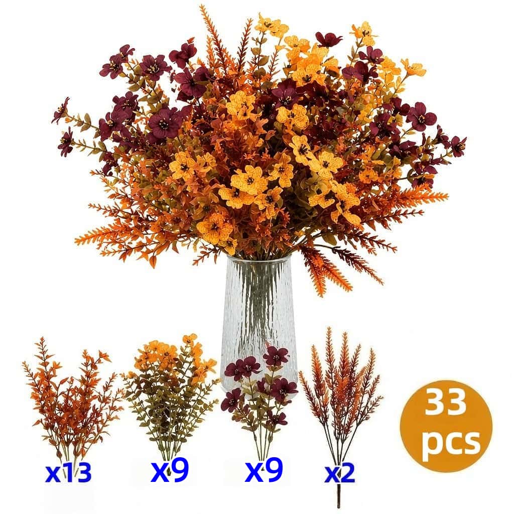 Image of 33pcs Thanksgiving Autumn Faux Bouquet, Eucalyptus Leaves And Autumn Flowers Mixed Artificial Plants, High Simulation Natural Texture, Suitable For Vase Arrangement, , Home Decor, Wedding