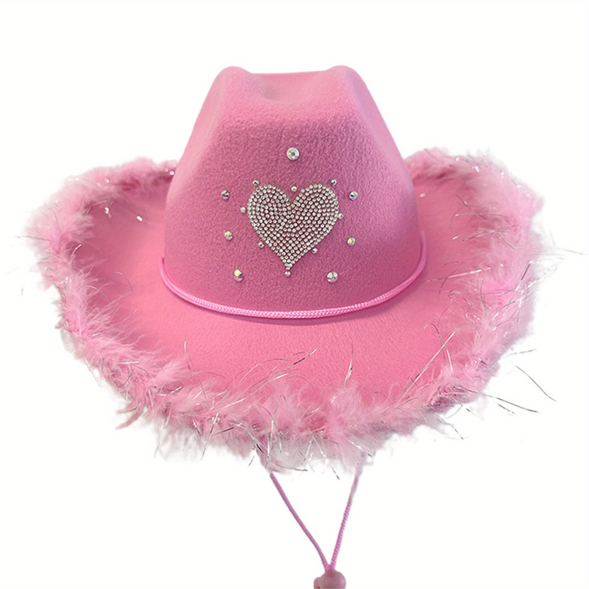 Women Men Cowgirl Hat Pink Silvery Peach Heart Diamond Fuzzy Trim Wide  Brim Adjustable Cap for Single Party Fun Cowboy Hat