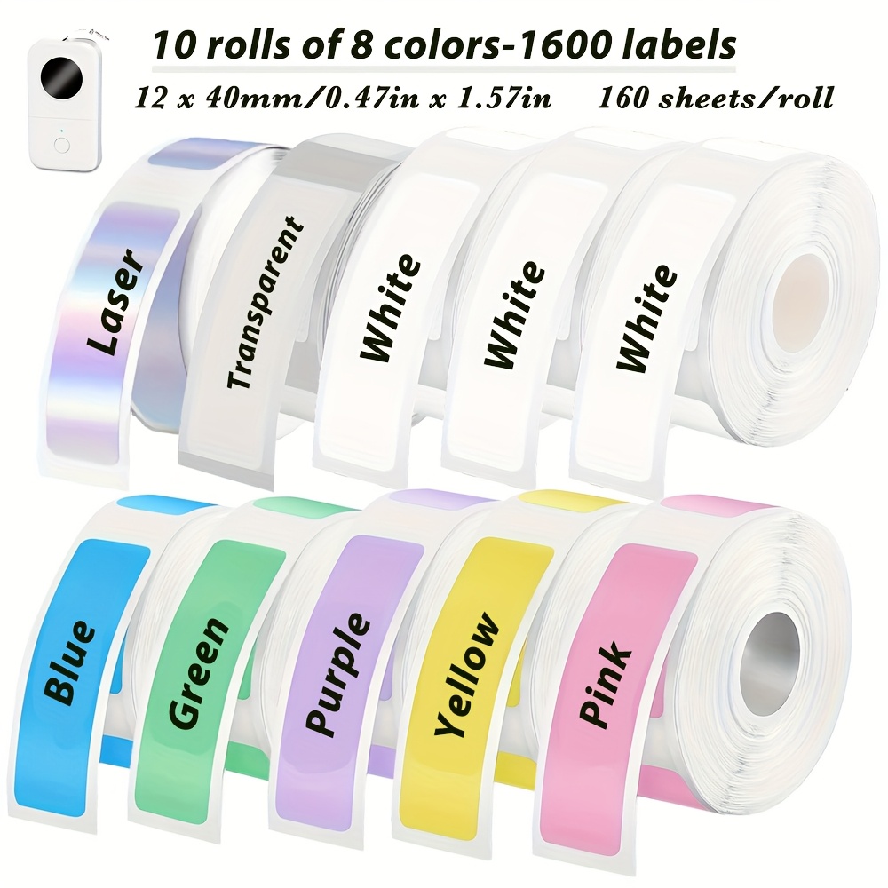 Image of P15/p21 Label Paper, Sizes 12x40/14x30/14x40/15x4mm. 10 Rolls: 6 Colors + Transparent + Laser Silvery. & Tear-resistant. Fit D30/d35 Printers. For Storage, Store Signs, Gift Tags, Office & .