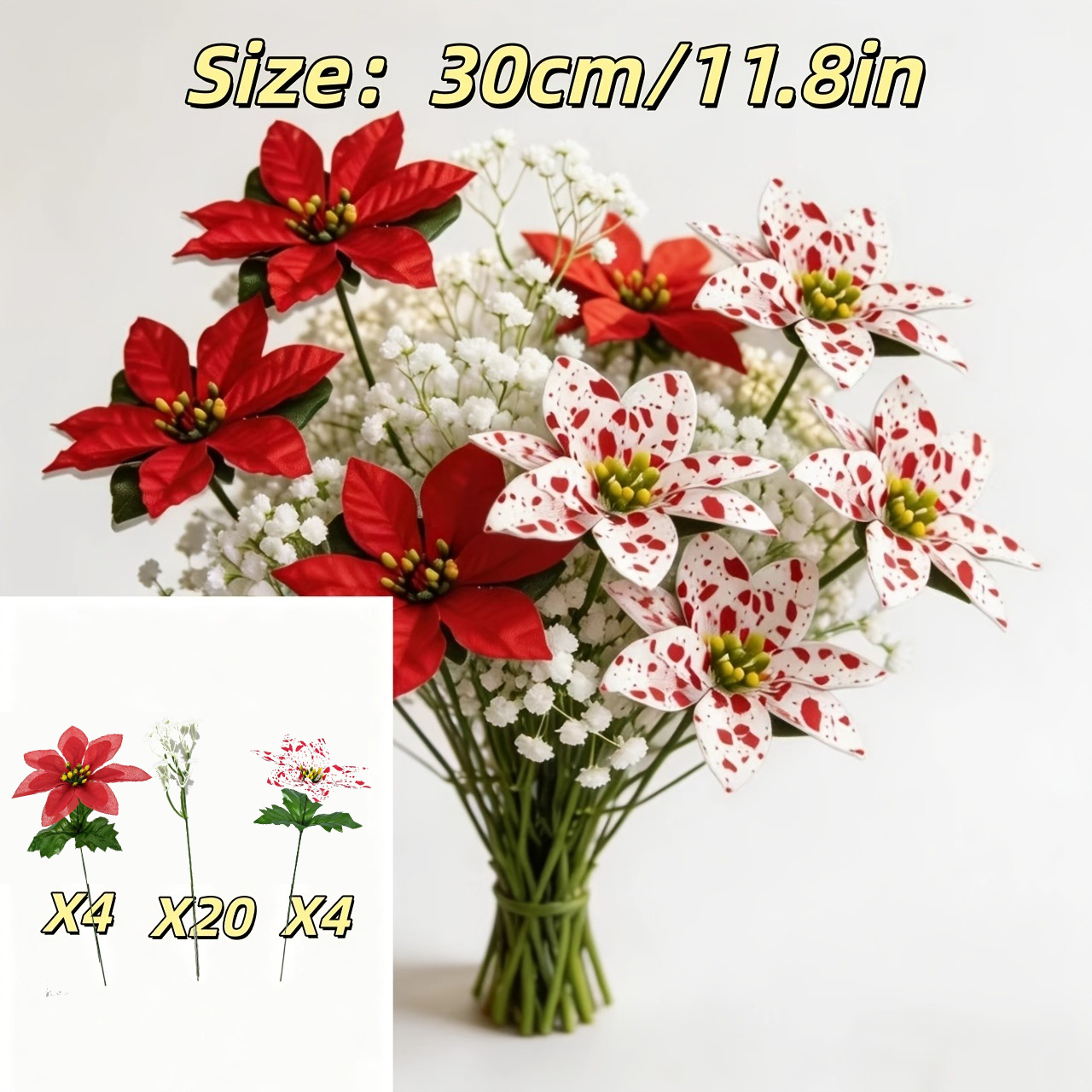 TEMU 28pcs Christmas Red And White Artificial Flower Bouquet, Poinsettia And Baby's Breath - Self- Decorative Artificial Flowers, Uv-resistant, Self-