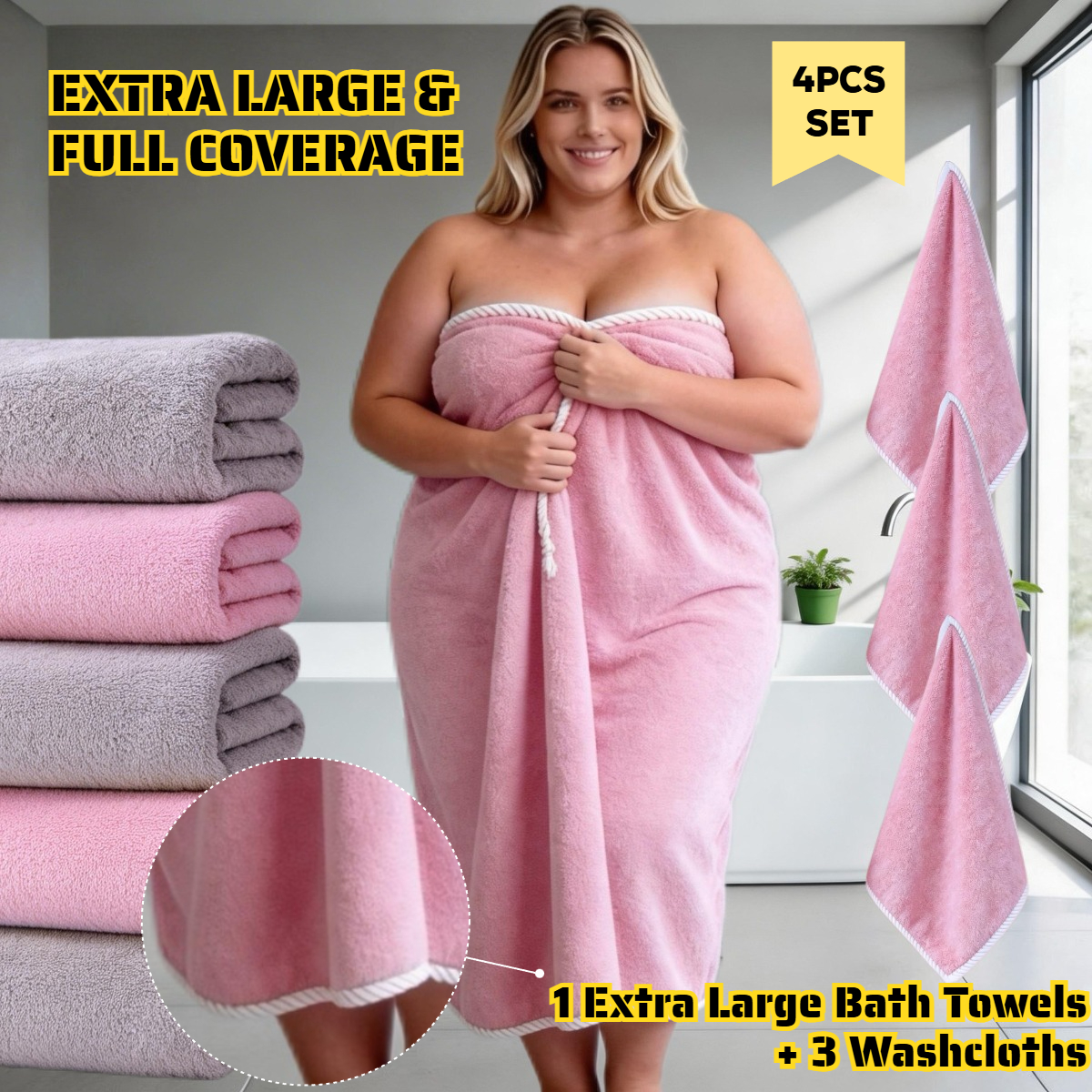 Image of 4pcs Oversized Bath Towel Set - 1 Oversized Coral Fleece Bath Towel (165x90cm) + 3 Towels (30x30cm), In 14 Colors, With Wheat Hem, Durable, Soft, And Comfortable