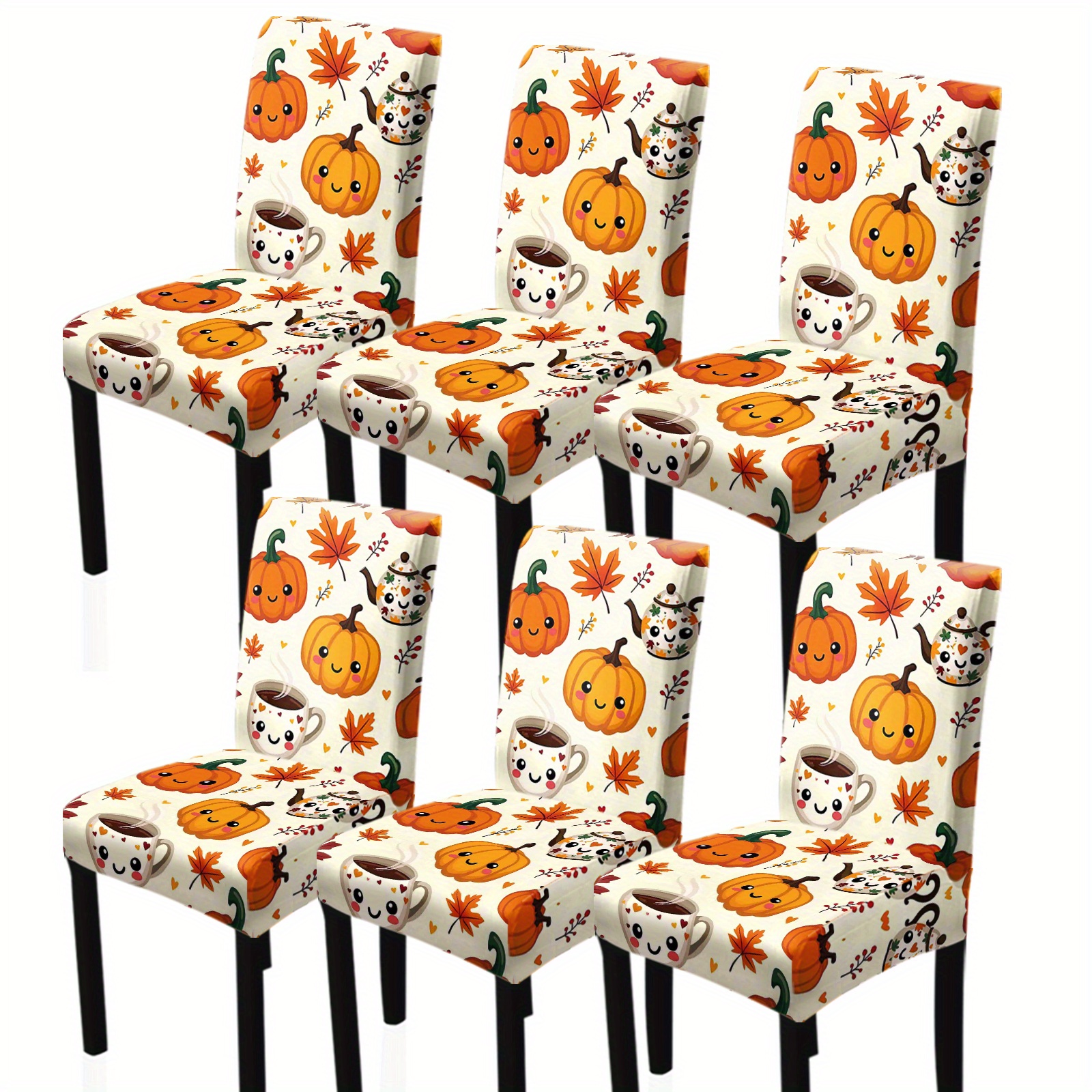 TEMU 4/6 pièces Housses de Chaise, Design Feuille Citrouille Automne & Service à Thé, Tissu Élastique Polyester Extensible, Facile à Enlever et