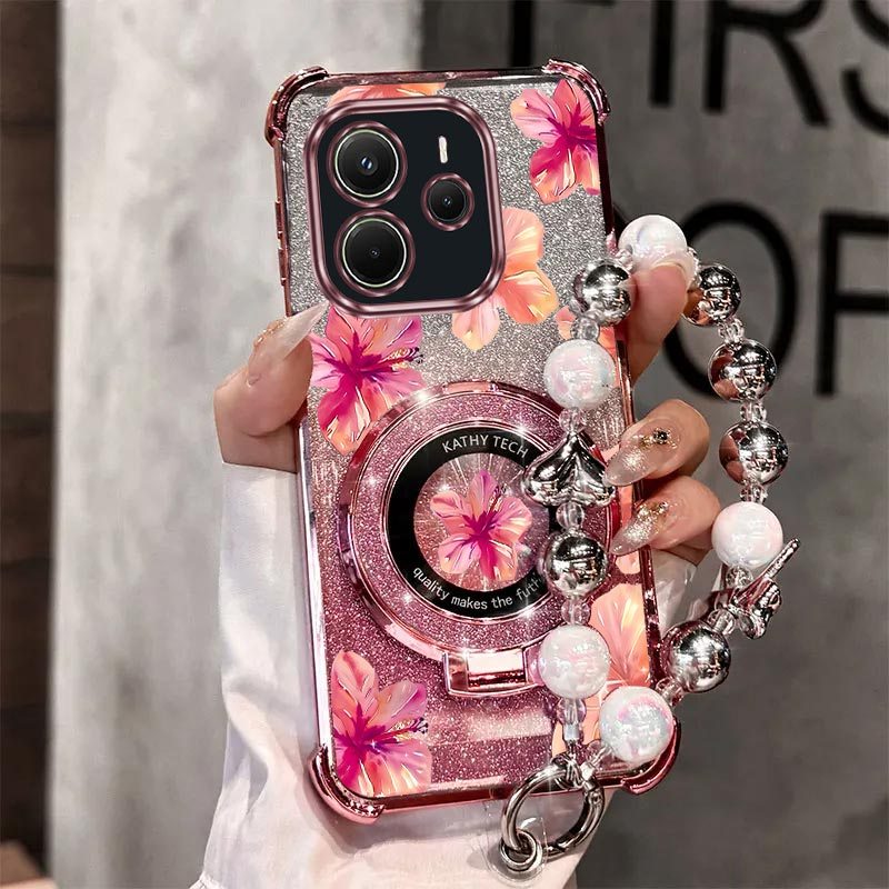 TEMU para teléfono: Correa de muñeca de perlas, cordón magnético, , lujo, soporte para teléfono con diseño floral para Xiaomi Redmi Note 14 5G,