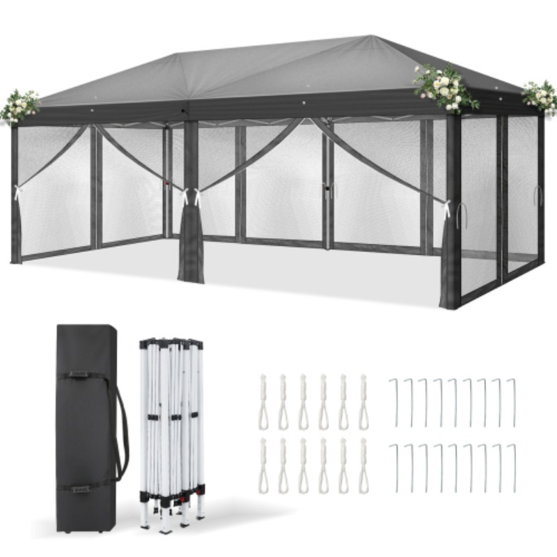 10x20ft Dark Gray/khaki 6-sided Mesh Canopy (6 Doors) Folding Tent With 28/22mm Leg Tubes And 10x20mm Cross Poles (with Center Plastic Connector), White Powder Coated, Includes Carry Bag