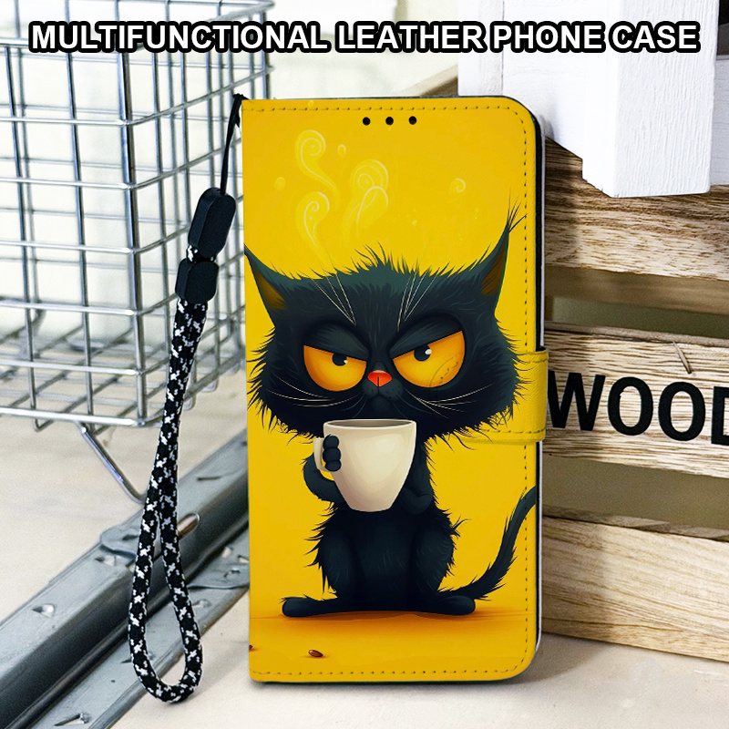 TEMU Phone Case - Coffee Black Cat Pattern Wallet Phone Case Magnetic Flip Cover With Card Slot, Lanyard, And Foldable Stand, Suitable For Galaxy