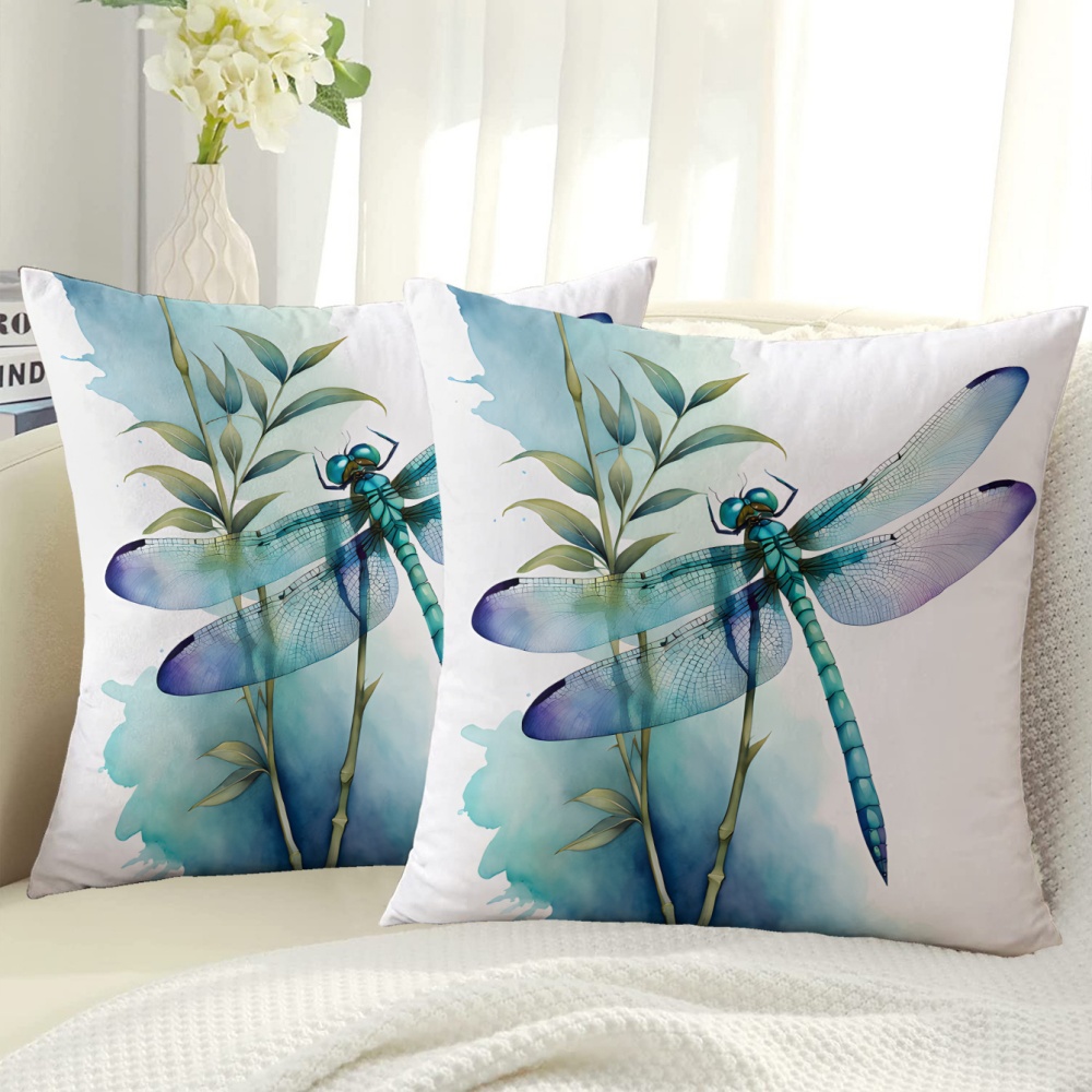 TEMU 2pcs 2d Printed Square Pillow Covers With Watercolor Style Featuring Dragonfly Patterns. Ideal For Home Sofa Decoration, Home Decor, And Bedroom