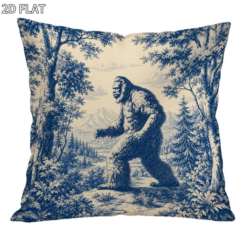 TEMU Housse de coussin vintage bleu et blanc Bigfoot, 1 pièce 18X18 pouces, style plat 2D - Design paysage , motif créature rugueuse et pelucheuse,
