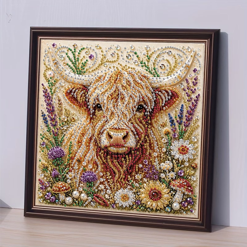 TEMU Gem-encrusted Highland Cow Diamond Painting Kit, 30x30cm Multicolor Pearl Bead Decorated Vibrant Floral Pattern, Mosaic Craft, Suitable For Home