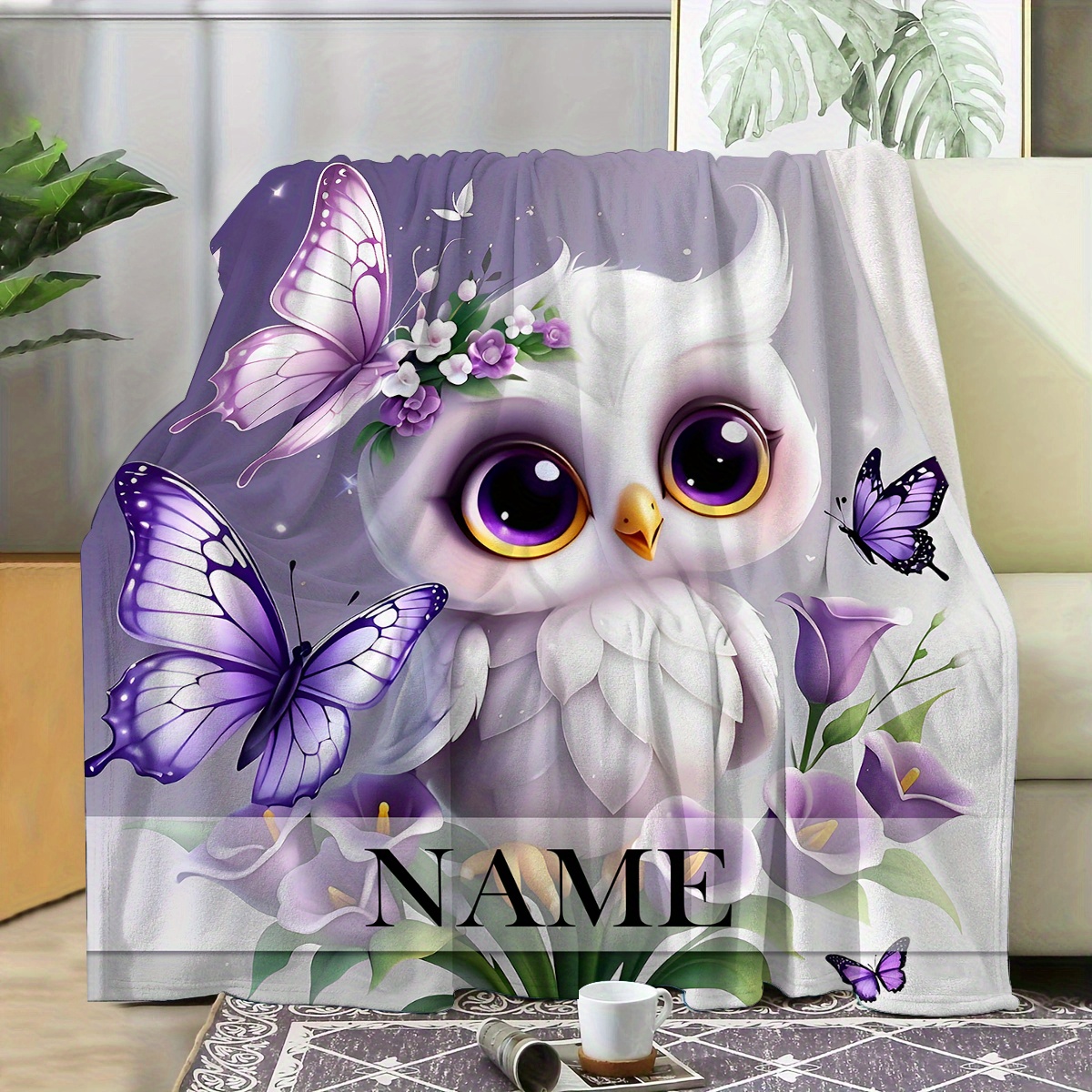 TEMU [custom] 1pc Creative Cartoon Owl Pattern Custom Name Blanket, A Gift For , Lightweight Flannel For Sofa, Travel, Camping, Living Room, Office,