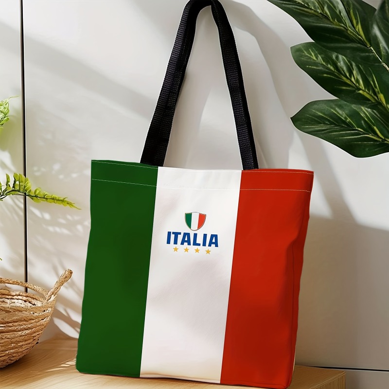 TEMU 1pc Italian Themed Tote Bag With Italian Flag & Football Badge - Green/white/red Striped Beige Suitable For Travel, Football Gifts, Picnic,