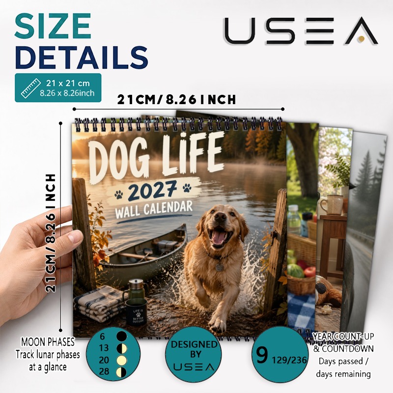   犬がテーマの壁掛けカレンダー 2027年 - 12ヶ月プランナー ツインワイヤー 綴じ、月の満ち欠け＆月間習慣トラッカー付き | オフィス向け カレンダー | 月の満ち欠け 付き年間 、犬好きへのギフト