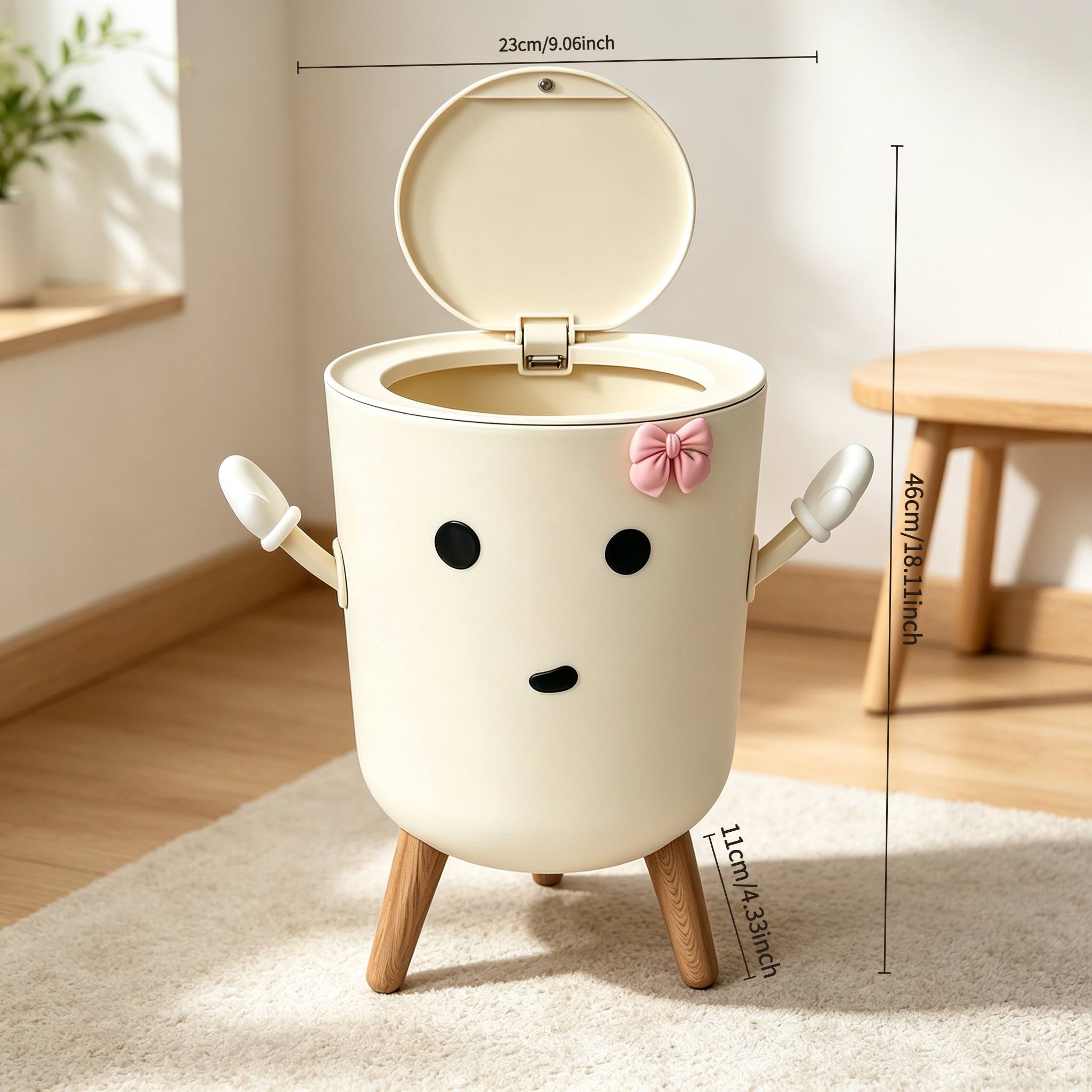 TEMU Cute Automatic Sensor Trash Can Cream White Waste Bin With Pink Bow Ornament Decorative Hands Wooden Support Legs Lidded Garbage Container For