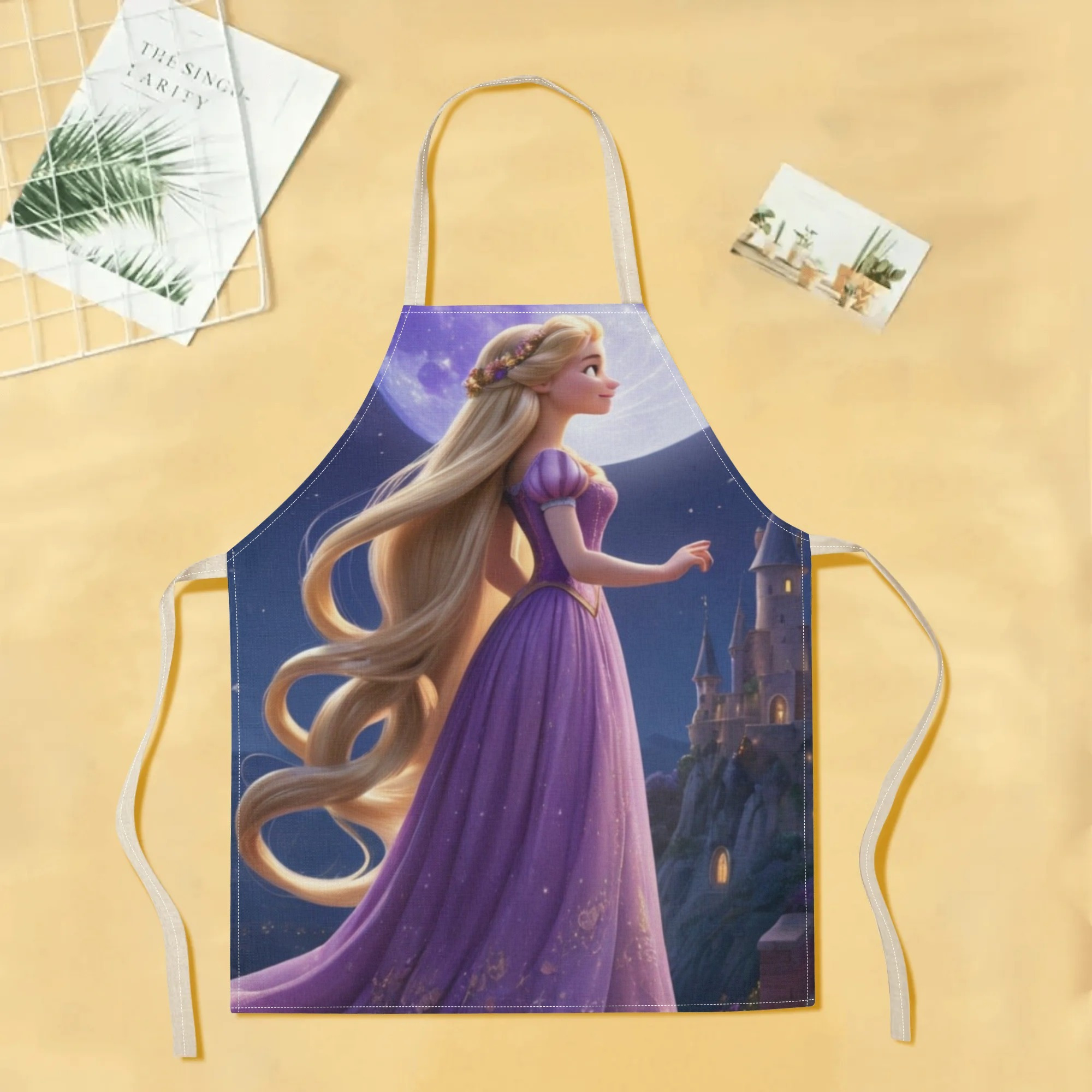   style| disney  -themed waterproof apron |   & elegant purple design with castle & moon illustration |   polyester,   fits all | ideal for hotels, supermarkets, restaurants, fruit shops, milk tea stands, and home use details 1