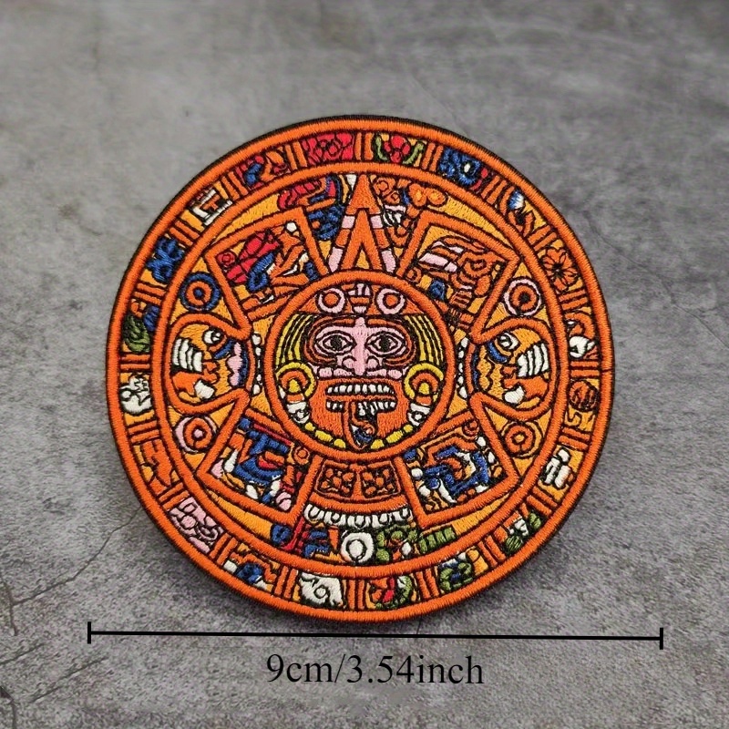 TEMU Calendar Aztec Solar Calendar Embroidery Patch - Vibrant Orange With Intricate Designs, Personalized Armband, Backpack Sticker, Badge | Durable