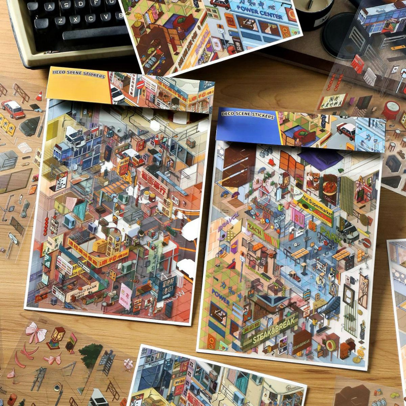 Image of 8 .5d Large Size Scenic Stickers Patterns Pet Material Vintage Style Self Adhesive Journal Decoration Material Sticker Pack