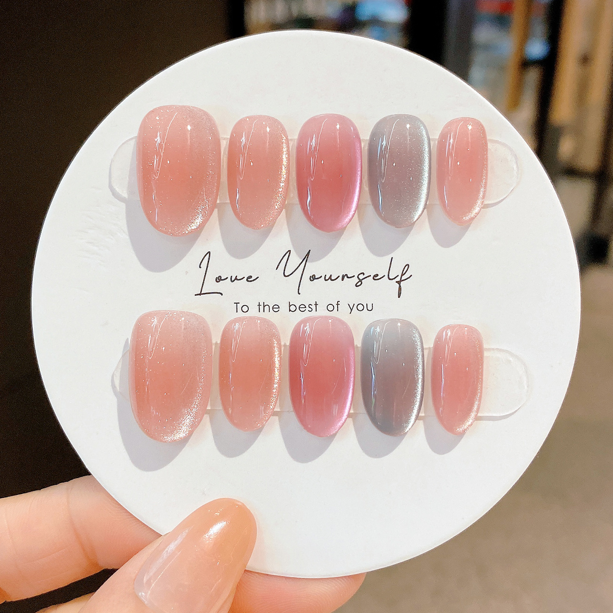 TEMU 10pcs Handmade Reusable Nail Tips, Oval Shape, Translucent Pinkish-gray Contrast Cat-, Peach-pink Tone With , Magnetic Powder And Translucent ,