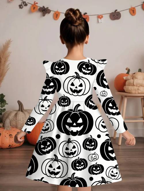 Abito da in pizzo a maniche lunghe 1 , trendy e confortevole per Halloween, , cool, di zucca adatta come regalo per le feste, regalo di compleanno, stampa casuale, casual, , per attività all