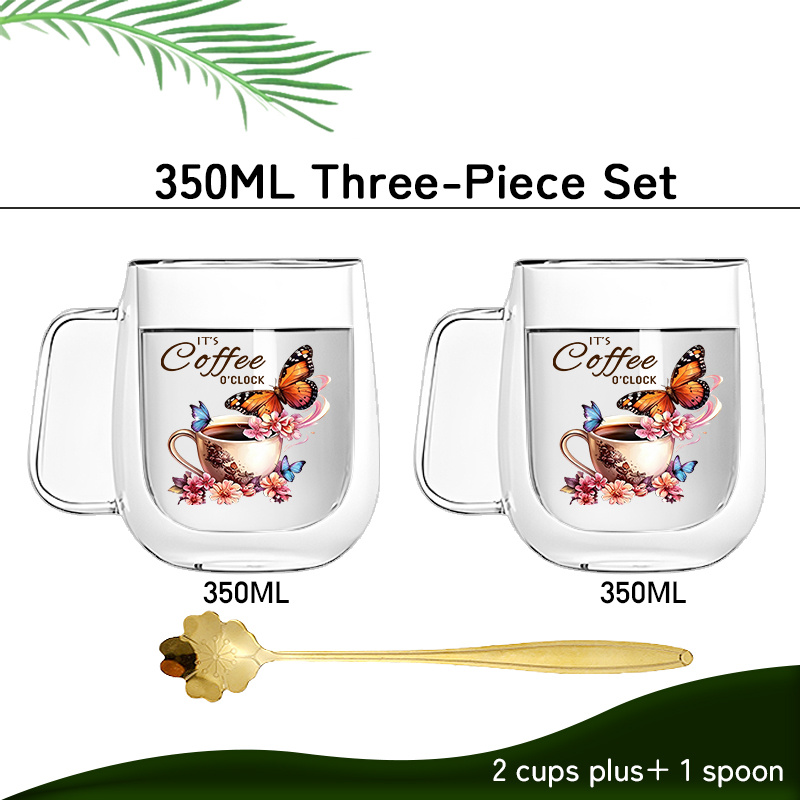 TEMU 3pcs (2 Cups And 1 Spoon) Double-layer Borosilicate Glass Mug With Design Pattern, Suitable For Coffee, Tea, And Dairy Beverages. Suitable For