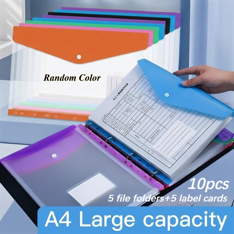 TEMU 10pcs (5pcs File Folders And 5pcs Label Cards) A4 File Folders With Buttons, 11-hole Punch Binder Pockets, Thickened Pvc Material File Organizer